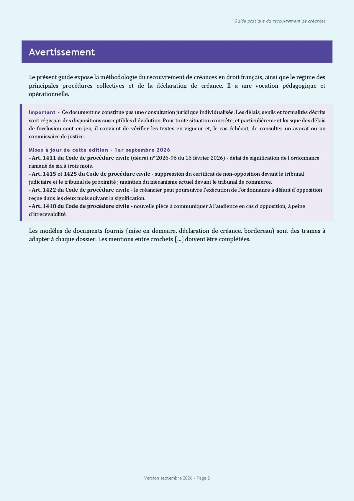 Guide pratique "Le recouvrement des créances impayées"